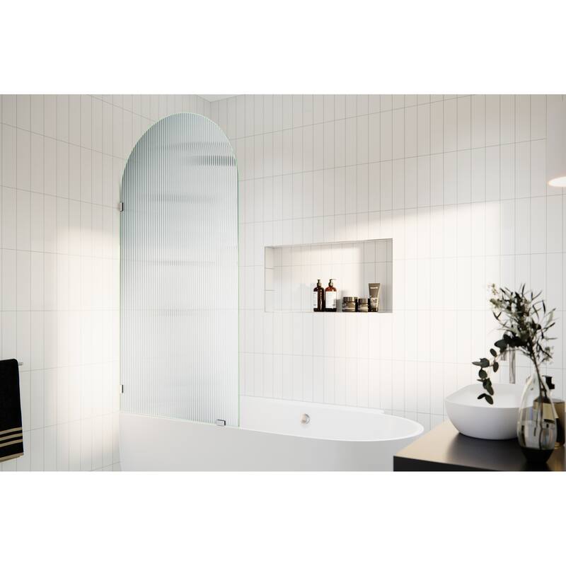 Venus 34 in. x 66.75 in. Single Fixed Frameless Arched Fluted Frosted Bathtub Panel - Chrome