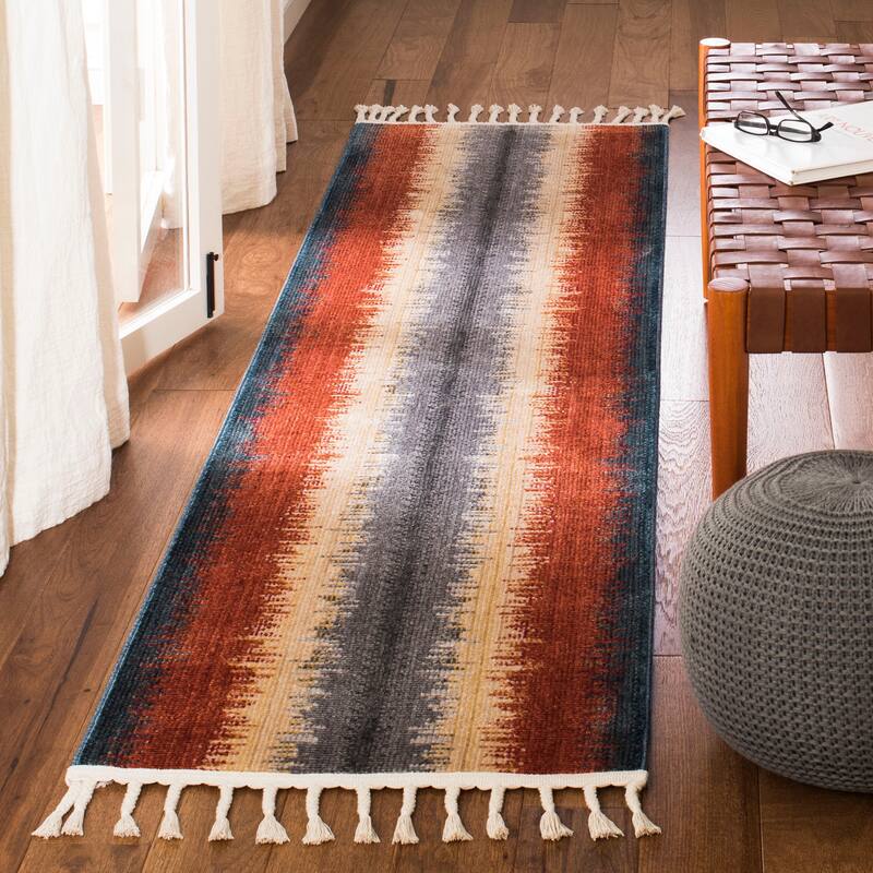SAFAVIEH Farmhouse Nili Boho Stripe Rug with Tassels - 2'1" x 8' Runner - Navy/Orange