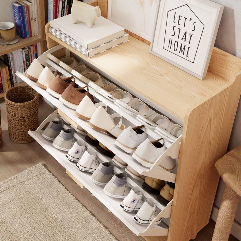 31.5 Inch Nordic Shoe Cabinet with 2 Flip Drawers, Narrow Freestanding Shoe Storage Organizer with Wood Legs