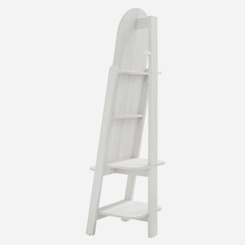 Lewis Modern White Wooden Standing Arched Mirror with Shelf and Hooks