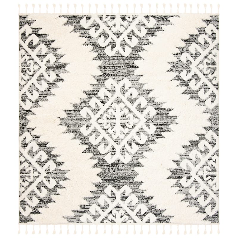 SAFAVIEH Moroccan Tassel Shag Iulieana Boho Tribal 2-inch Thick Rug - 6'7" x 6'7" Square - Ivory/Grey