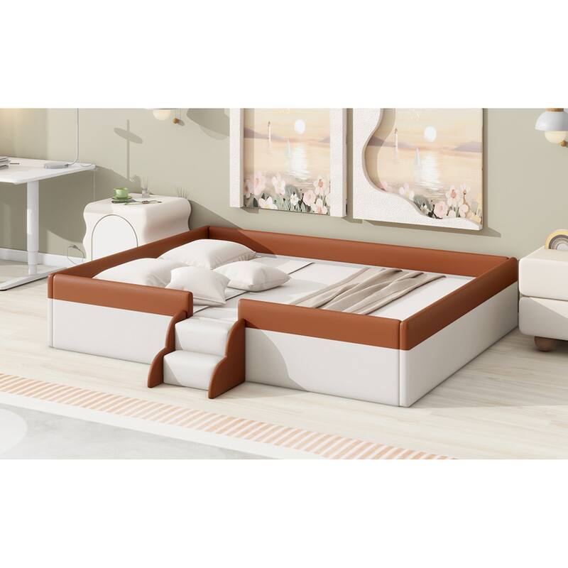 Roomfitters Twin/Full/Queen/King Size Upholstered Daybed Frame with Safety Fence and Stairs, PU Fabric Platform Bed with Slats