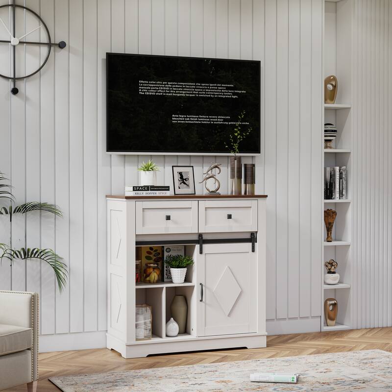 Coffee Bar Cabinet with Sliding Barn Door, Buffet Cabinet with Storage Shelves, Kitchen Sideboard with 2 Drawers