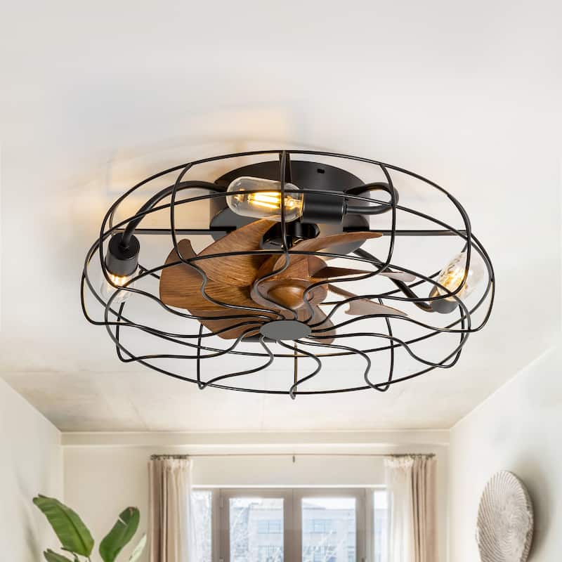 19 Inch 7-Blade Enclosed Indoor Flush Mount Caged Ceiling Fan with Light and Remote