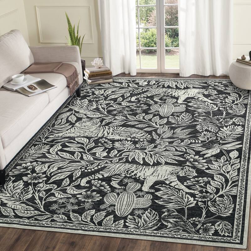 Forest Tiger Rugs Living Room Rug, Soft Washable Bedroom Rug, Low Pile Non-Slip Dining Room Home Office Carpet - 5'x7' - Black