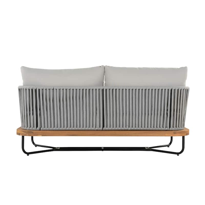 Roomfitters Outdoor Acacia Wood Rope Woven Loveseat with Coffee Table, Durable Frame and Cozy Cushions