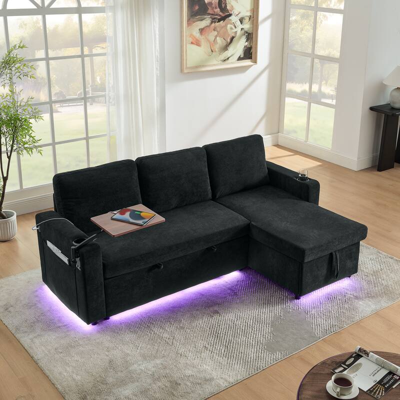 Pull Out Sleeper Sofa Bed Chenille L-shaped Sectional Couch with Storage Chaise, Retractable Table, LED, USB and Cup Holders