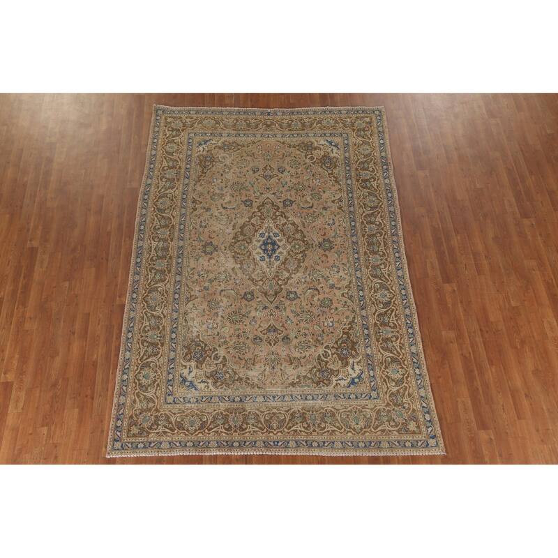 Traditional Mashad Persian Vintage Rug Handmade Orange Wool Carpet - 6'4"x 9'2"