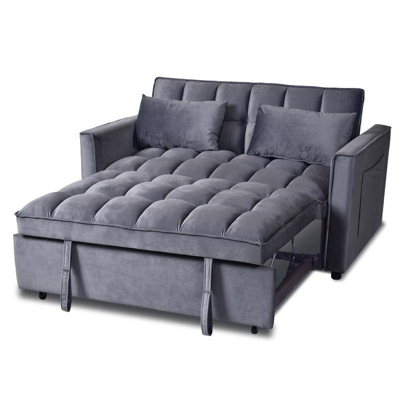Grey 3-in-1 Velvet Convertible Sofa Bed, Pullout Couch with Side Pockets, Made in Vietnam