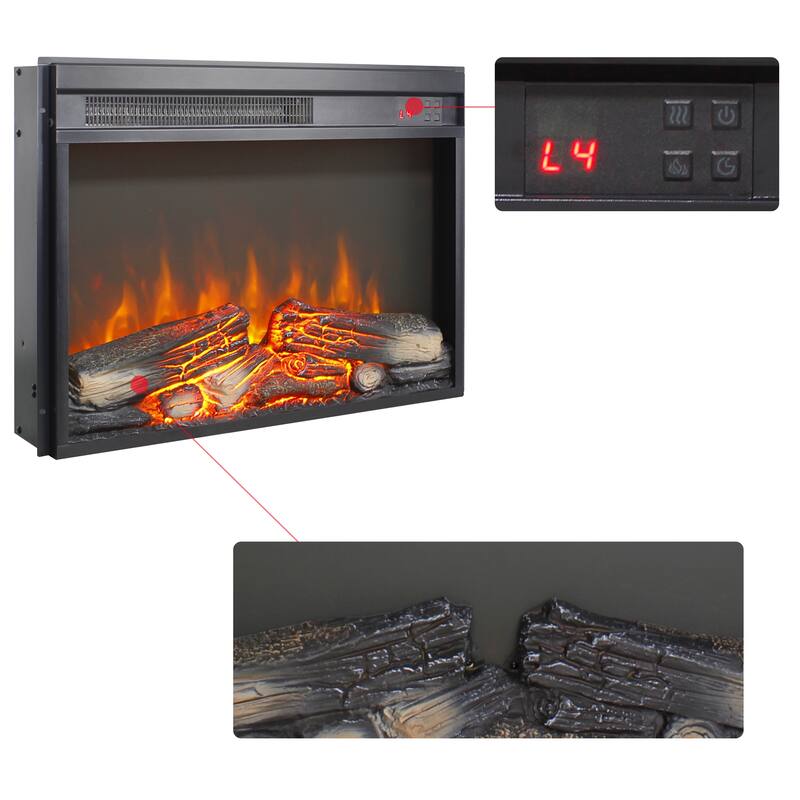 23 inch electric fireplace insert, ultra thin heater with log set & realistic flame, remote control with timer