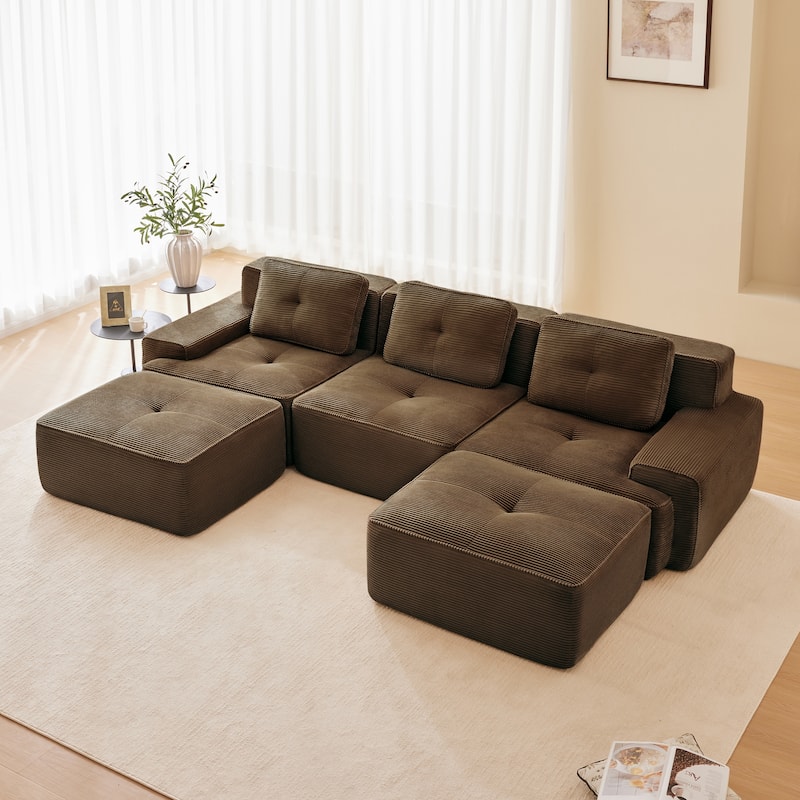 Roomfitters No Assembly Modular Sofa, 117 Inch Corduroy 3-Seater with Piping, Brown