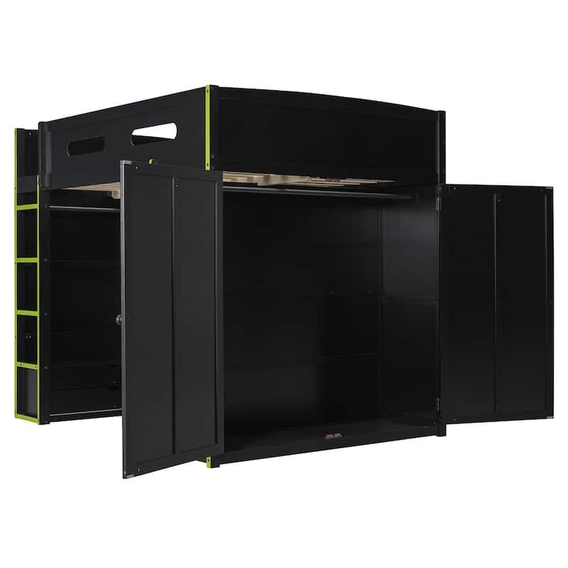 Full Size Wood Loft Bed with Desk & Wardrobe - Ample Storage and RGB Light