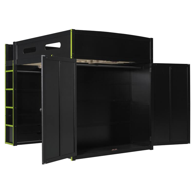 Gamer Full Size Loft Bed with Built-in Desk, RGB Light Strip, Storage Shelves, Hanging Rod and Side Wardrobe for Esports Gaming