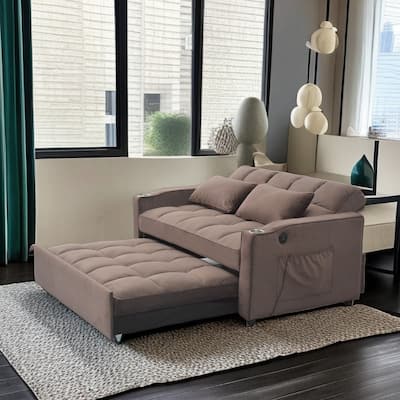 Convertible Velvet Sofa Bed with Reclining Backrest and USB Ports - Space-Saving Design