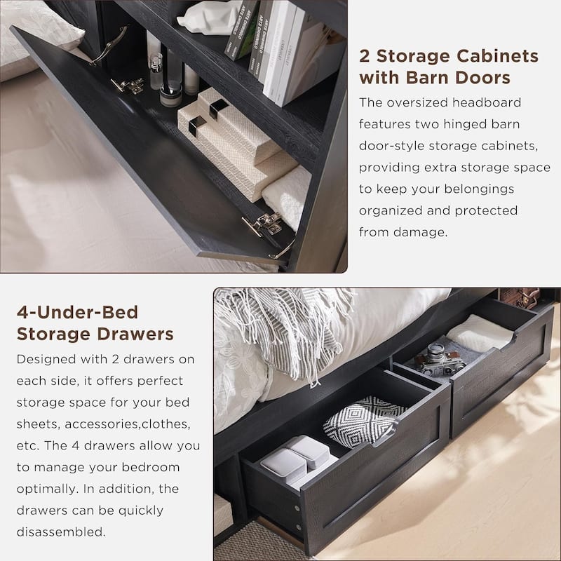 Farmhouse King Size Wood Bed Frame with Storage Headboard and Drawers
