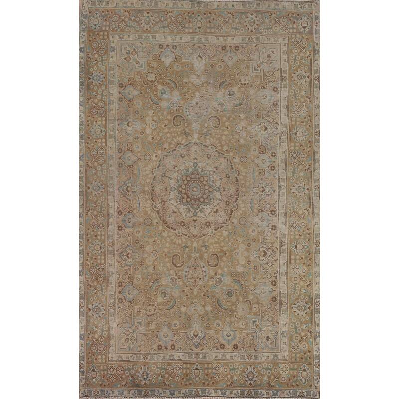 Hand Knotted Oriental 100% Wool Carpet Traditional Medallion Yellow & Gold Tabriz Area Rug - 9' 9'' X 6' 7''