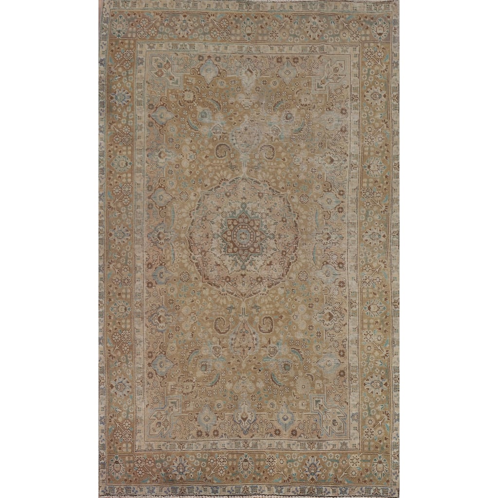Hand Knotted Oriental 100% Wool Carpet Traditional Medallion Yellow & Gold Tabriz Area Rug - 9' 9'' X 6' 7''