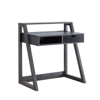 36 Inch Ethan 1 Drawer Desk, Raised Shelf, Angled Frame, Distressed Gray