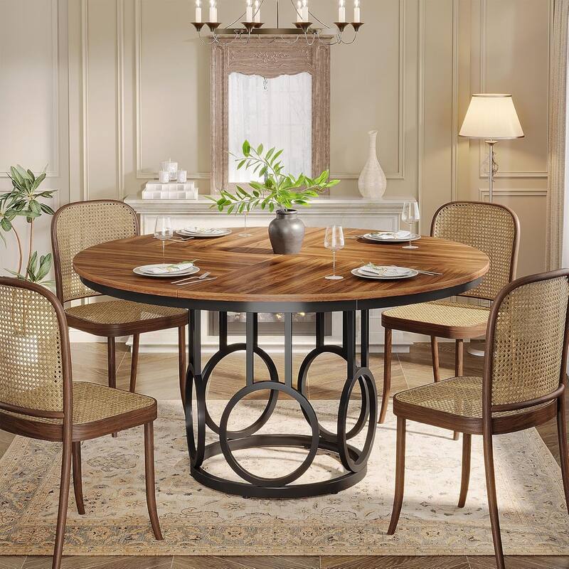 47-Inch Round Dining Table, Wood Kitchen Table with Sturdy Metal Base for 4-6 People
