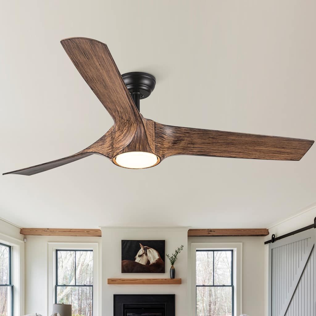 56 in. Integrated LED Indoor&Outdoor Brown Imitation Wood Ceiling Fan with Light Kit and Remote Control - N/A