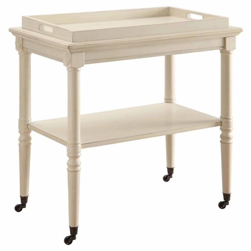 HomeRoots 30" Antiqued White Wood Rolling Bar Cart - 30" W x 18" D x 32" H