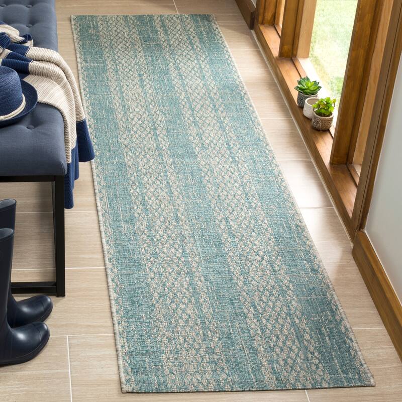 SAFAVIEH Courtyard Marei Stripe Indoor/ Outdoor Waterproof Patio Backyard Rug - 2'3" x 12' Runner - Light Grey/Aqua