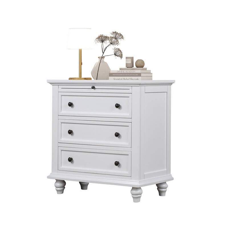 Farmhouse 3-Drawers Wood Nightstands with Pull Out Tray and Solid Wood Legs