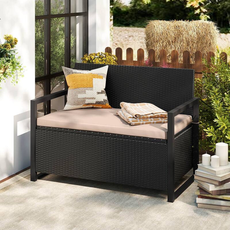 Costway Patio Storage Bench Wicker Loveseat with Built-in Storage & - See Details