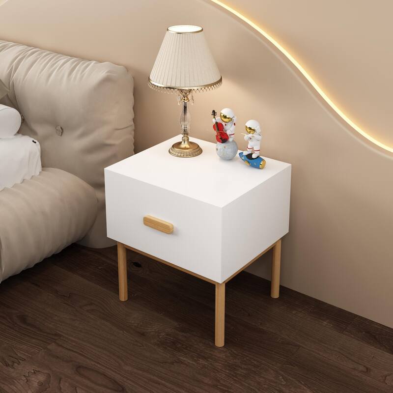 Modern White Nightstand with Drawer and Wood Legs, Minimalist Bedside Table with Handle for Bedroom, Living Room, Apartment