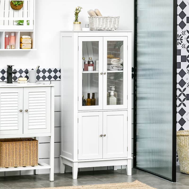 kleankin Bathroom Floor Cabinet with 2 Storage Cabinets, Tempered Glass Door, Freestanding Linen Tower with Adjustable Shelves
