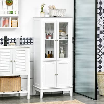 kleankin Bathroom Floor Cabinet with 2 Storage Cabinets, Tempered Glass Door, Freestanding Linen Tower with Adjustable Shelves