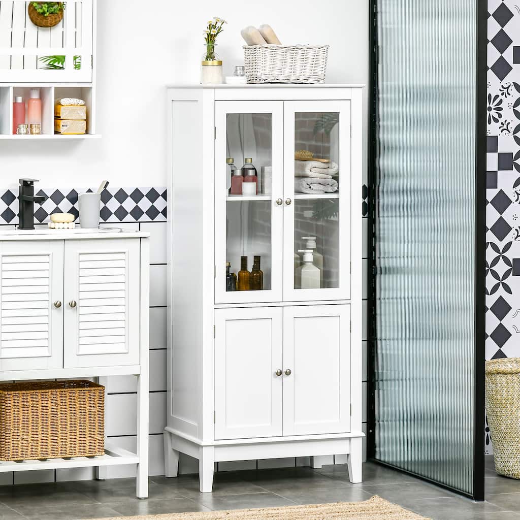 kleankin Bathroom Floor Cabinet with 2 Storage Cabinets, Tempered Glass Door, Freestanding Linen Tower with Adjustable Shelves