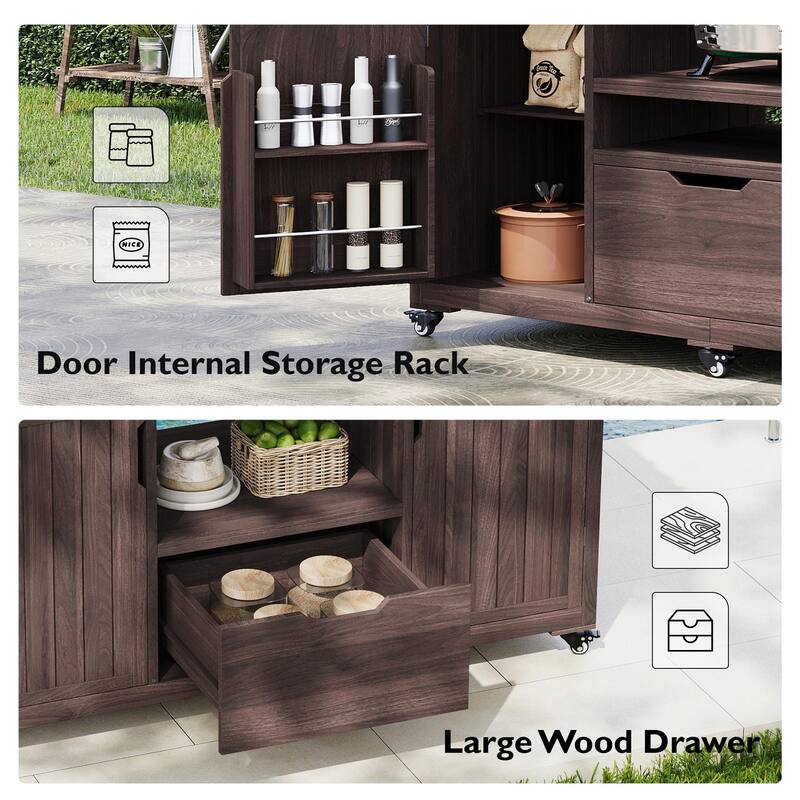 66.5" Solid Wood Outdoor Kitchen Island for Big Green Egg Grills with Stainless Steel Top & Drawer