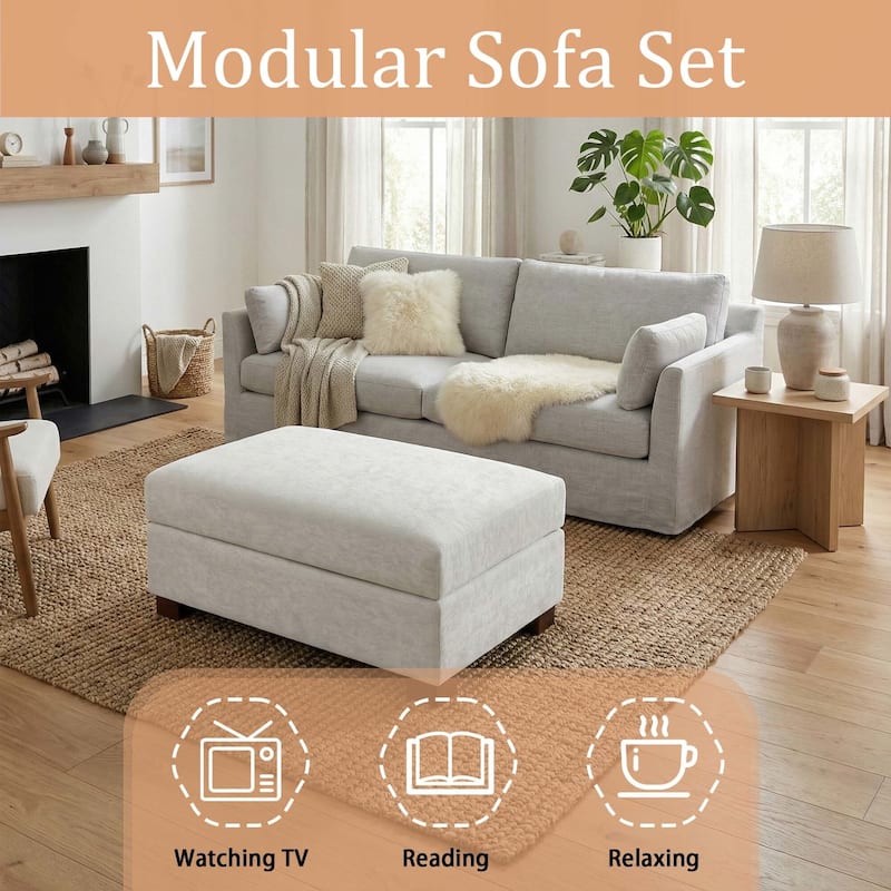 Oversized Chenille Modular Ottoman With Cushioned Top