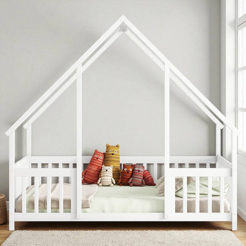 Twin/Full Size Wooden House-Shaped Floor Bed with Fence and Guardrails, Kids Montessori Bed with Roof Frame - White - Full