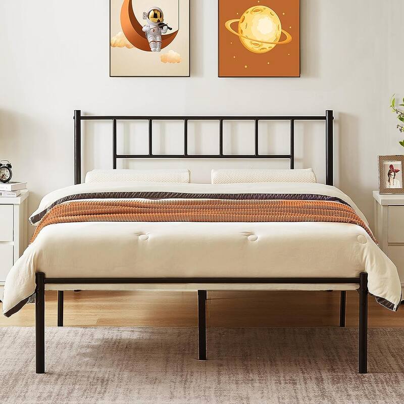 VECELO Victorian Style 14 Inch Metal Platform Bed Frame with Headboard, Heavy Duty Steel Slat Support, No Box Spring Needed