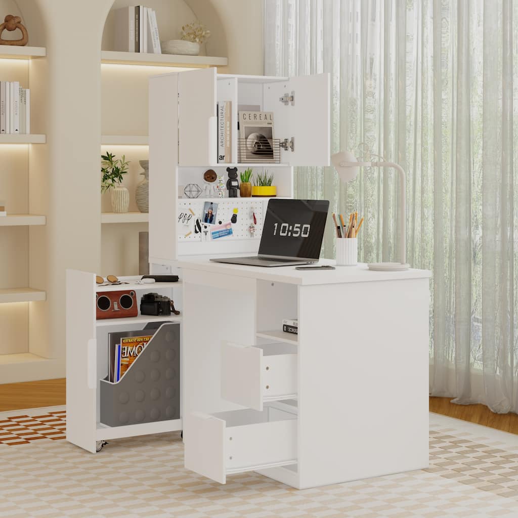 Modern Computer Desk with Storage Cabinet and Locking Rolling Shelf Writing Table