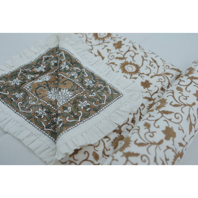 Fabdivine Luxury Hand Block Print Cotton Quilt Floral Boho Bedding for Bedroom & Sofa, Mustard, Handmade Reversible Bedspread