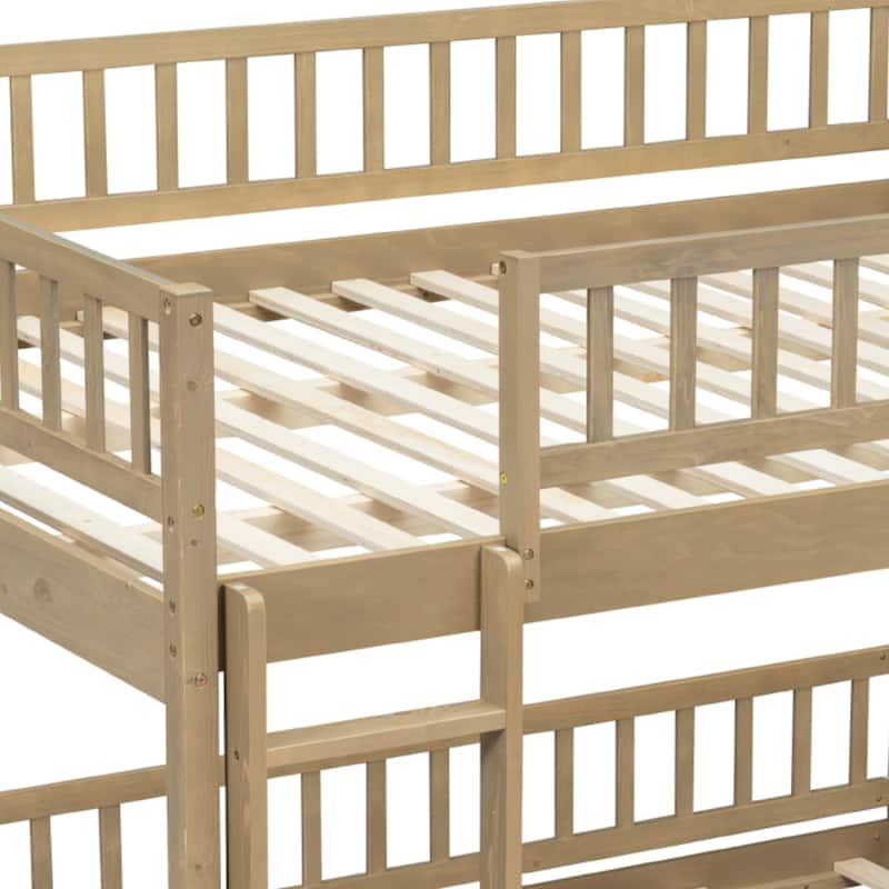 Bunk Bed Frame with Ladder and Guardrails, Detachable Design Wooden Bunk Bedframe into 2 Separate Platform Beds