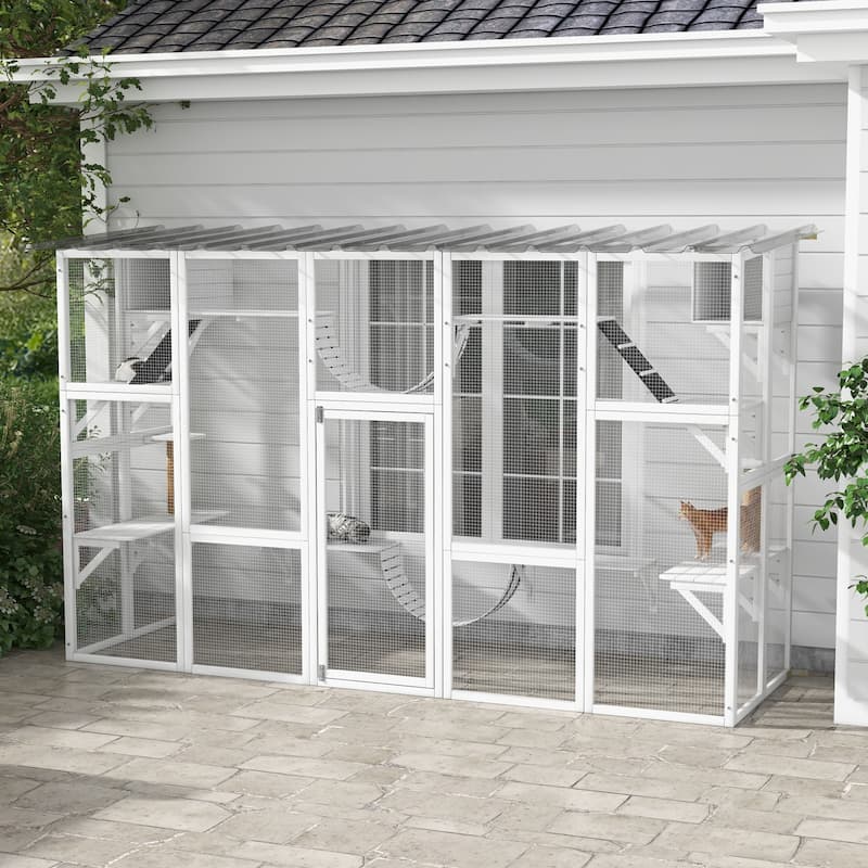 PawHut Catio Playground Outdoor Cat Enclosure Wooden Cat House Shelter - white