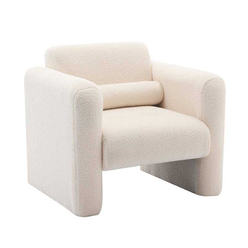 Modern Accent Chair Lambskin Sherpa Fabric Upholstered Comfy Reading Arm Chair Soft Padded with Back and Pillow for Living Room