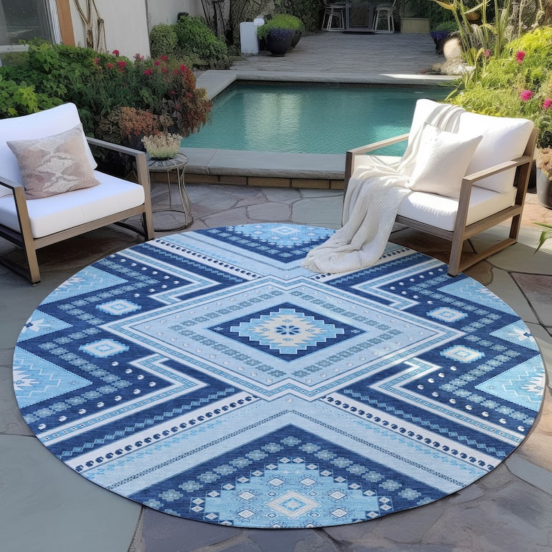 Machine Washable Indoor/ Outdoor Global Boho Chantille Rug - Navy - 8' x 8'