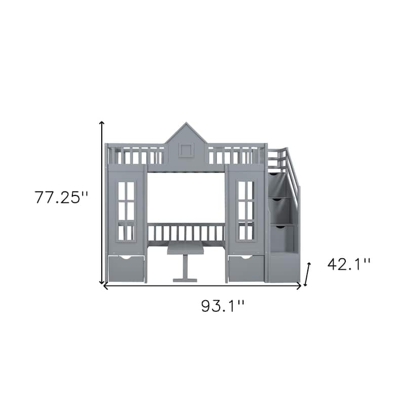 HomeRoots Gray Twin Over Twin Solid Wood Bunk Bed With Stairs And Desk And Drawers And Storage