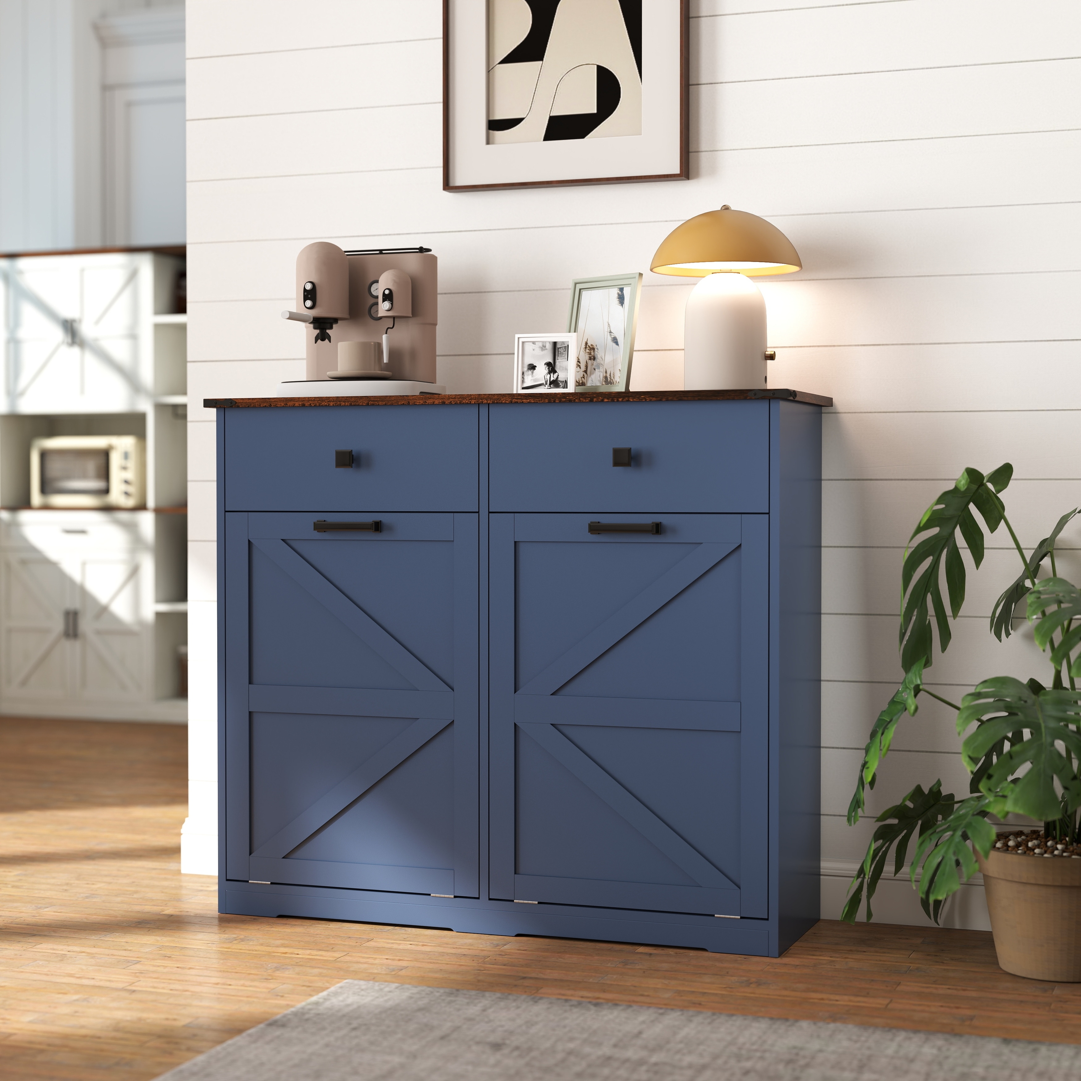 Farmhouse Double Tilt Out Trash Cabinet, Free Standing Recycling Cabinet with Hideaway Drawer, Barn Door Laundry Sorter Cabinet