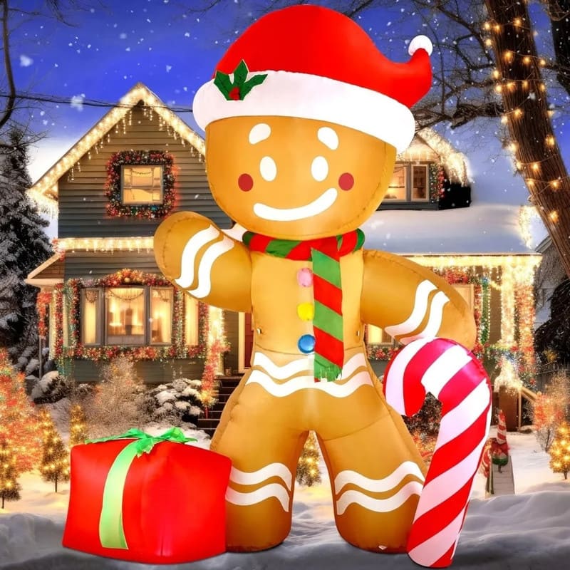 Joyfy 8ft Christmas Inflatable Gingerbread Man with Candy Cane, LED-lit