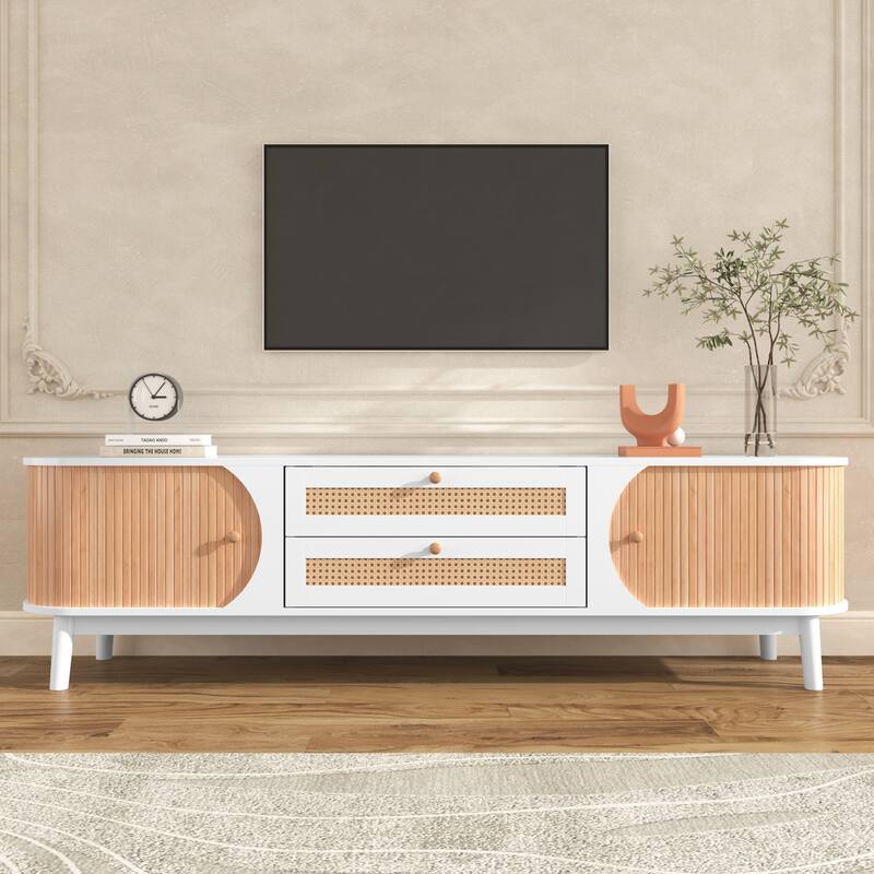 Rattan TV Stand Console Table with Storage Cabinets for TVs up to 75'' - 66.93" x 15.55" x 18.11" - Natural+White