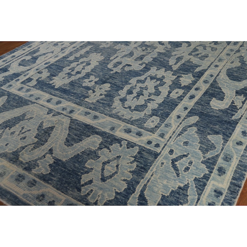 Hand Knotted Oriental 100% Wool Carpet Transitional All-Over Navy Blue & Blues Oushak Area Rug - 11' 10'' X 7' 11''