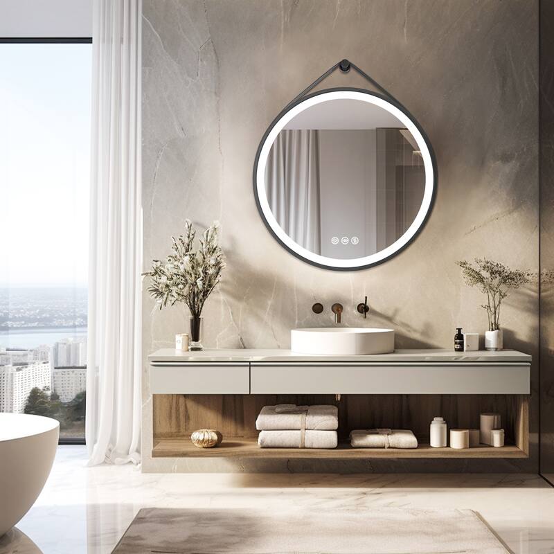 Round Black Framed Bathroom Mirrors Vanity Lighting with Microfiber Leather Hanging Strap