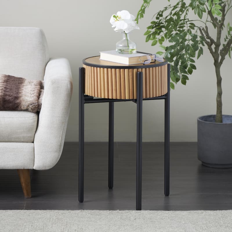 Wood Drum Handmade Slatted Accent Table with Black Metal Legs - Brown - Roche River Decor