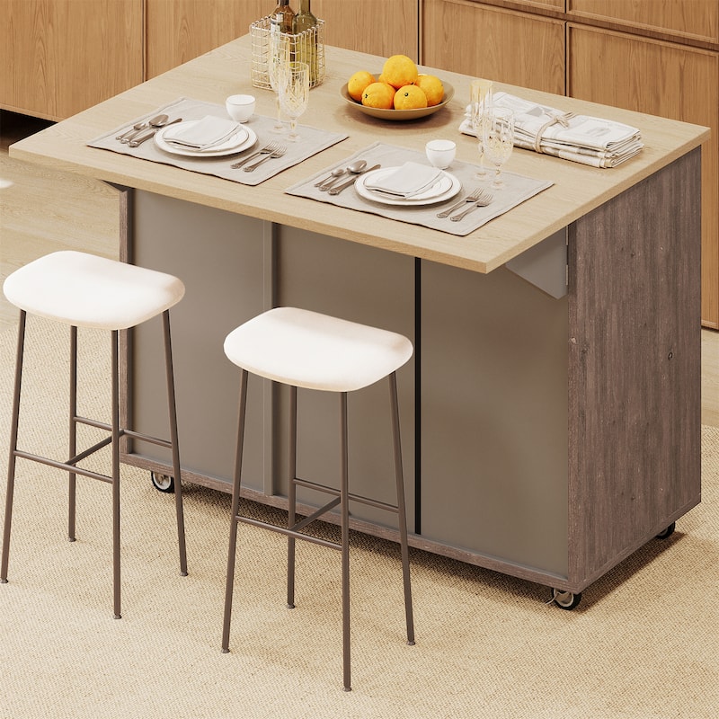 51.2" Wood Rolling Kitchen Island with Drop Leaf and Internal Rack